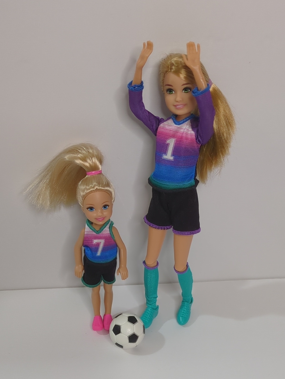 Barbie Soccer Dolls in Rainbow Gradient Jerseys - Purple, Teal, Pink